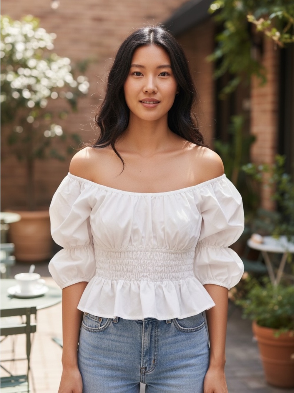 Hudson North 100% Cotton White Smocked Peasant Blouse with Puff Sleeves M